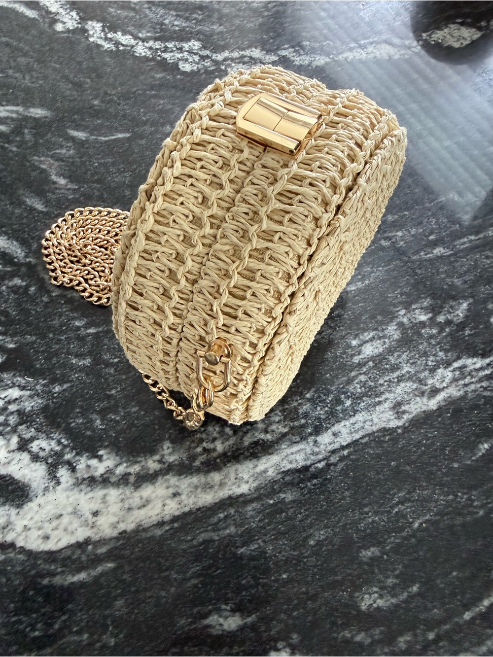 HAUTE HIPPIE Woven Round Crossbody Bag in Natural with Gold Chain & Gold Shimmer - Picture 3 of 14